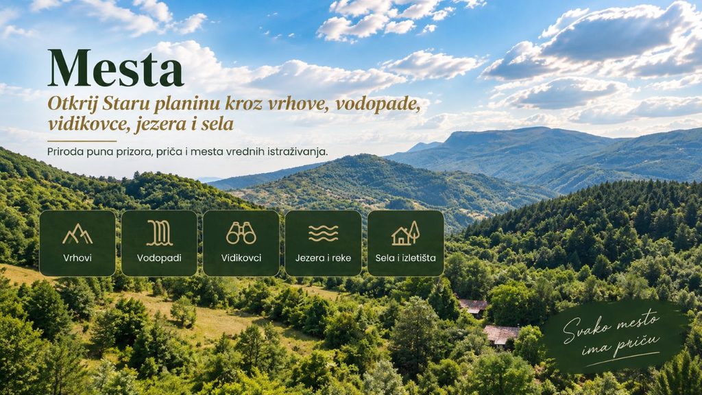 Mesta na Staroj planini – vrhovi, vodopadi, vidikovci, jezera, reke i sela